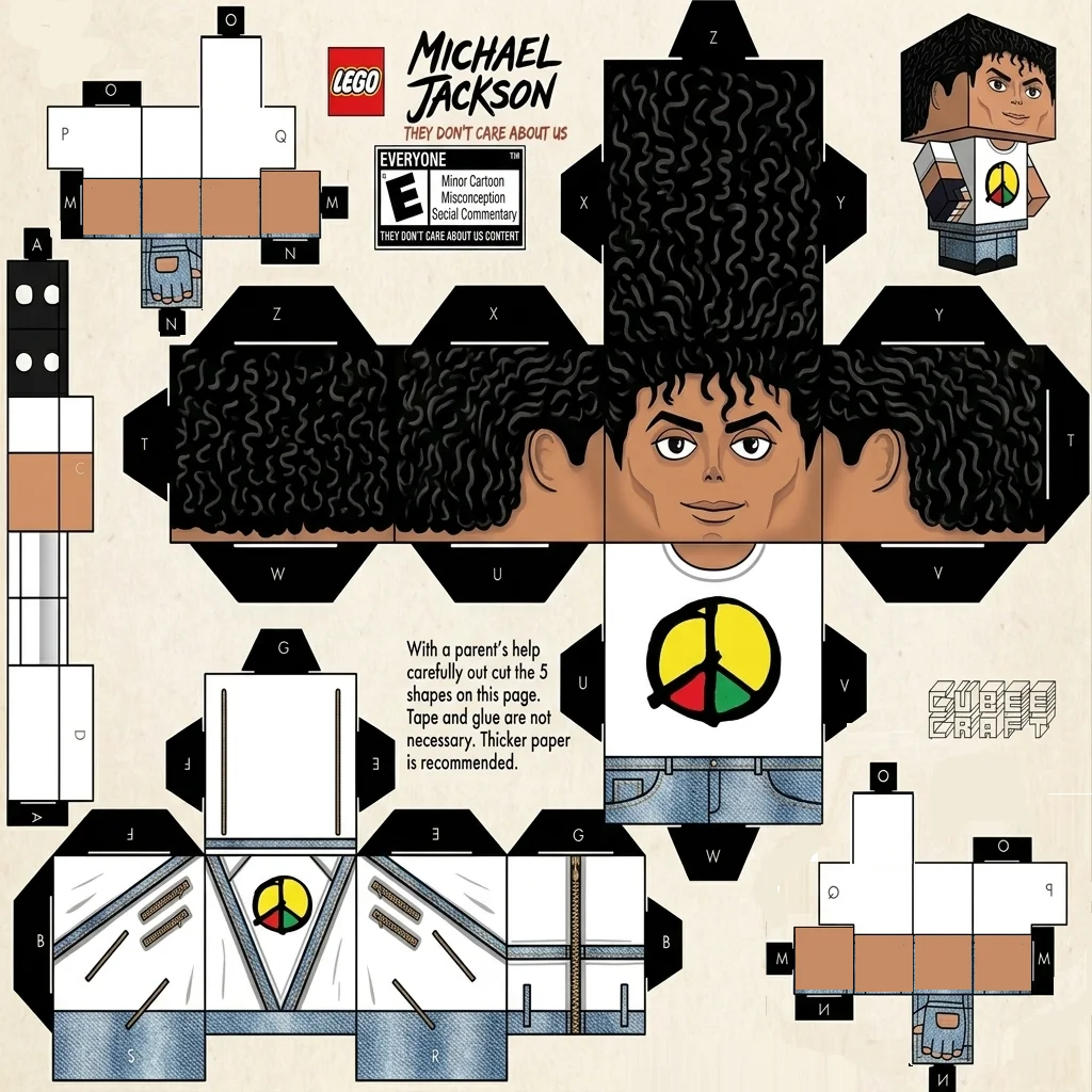 Modelo de brinquedo de papel desdobrado em papel marrom claro com padrão de textura, com a cabeça de Michael Jackson com cabelo cacheado preto e t-shirt branca com o logotipo da paz.