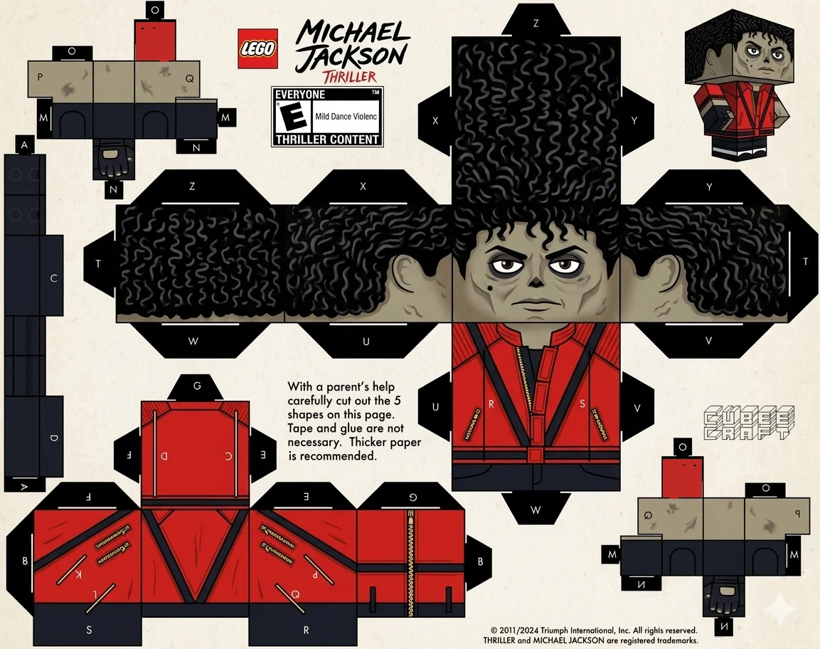 Modelo de brinquedo de papel desdobrado em papel marrom claro com padrão de textura, com a cabeça de Michael Jackson em maquiagem de zumbi e jaqueta de couro vermelha da era "Thriller".