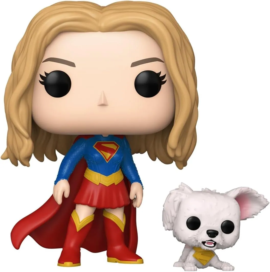 Bonecos Funko Pop da Supergirl em seu traje clássico azul e vermelho ao lado de Krypto, um pequeno cachorro branco com uma coleira dourada do Superman.