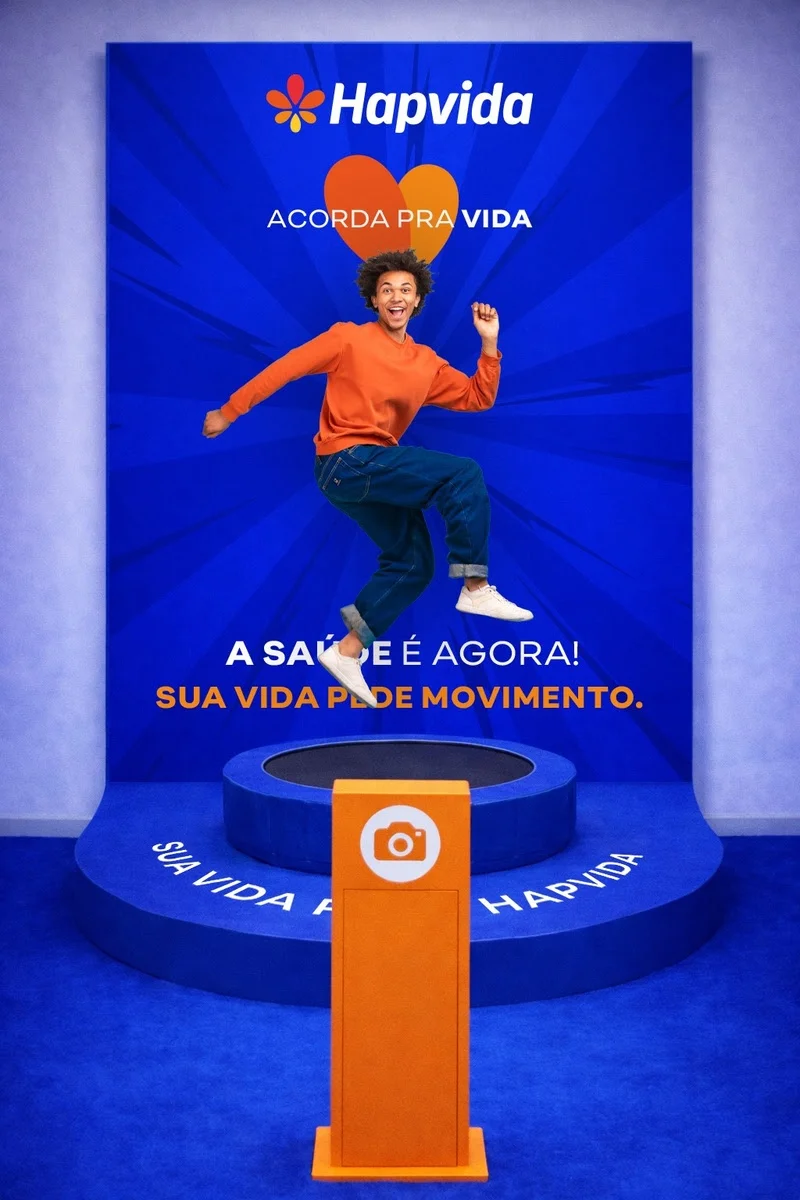 Homem jovem saltando em uma cama elástica azul em frente a um painel publicitário da Hapvida com a frase "Acorda pra Vida".