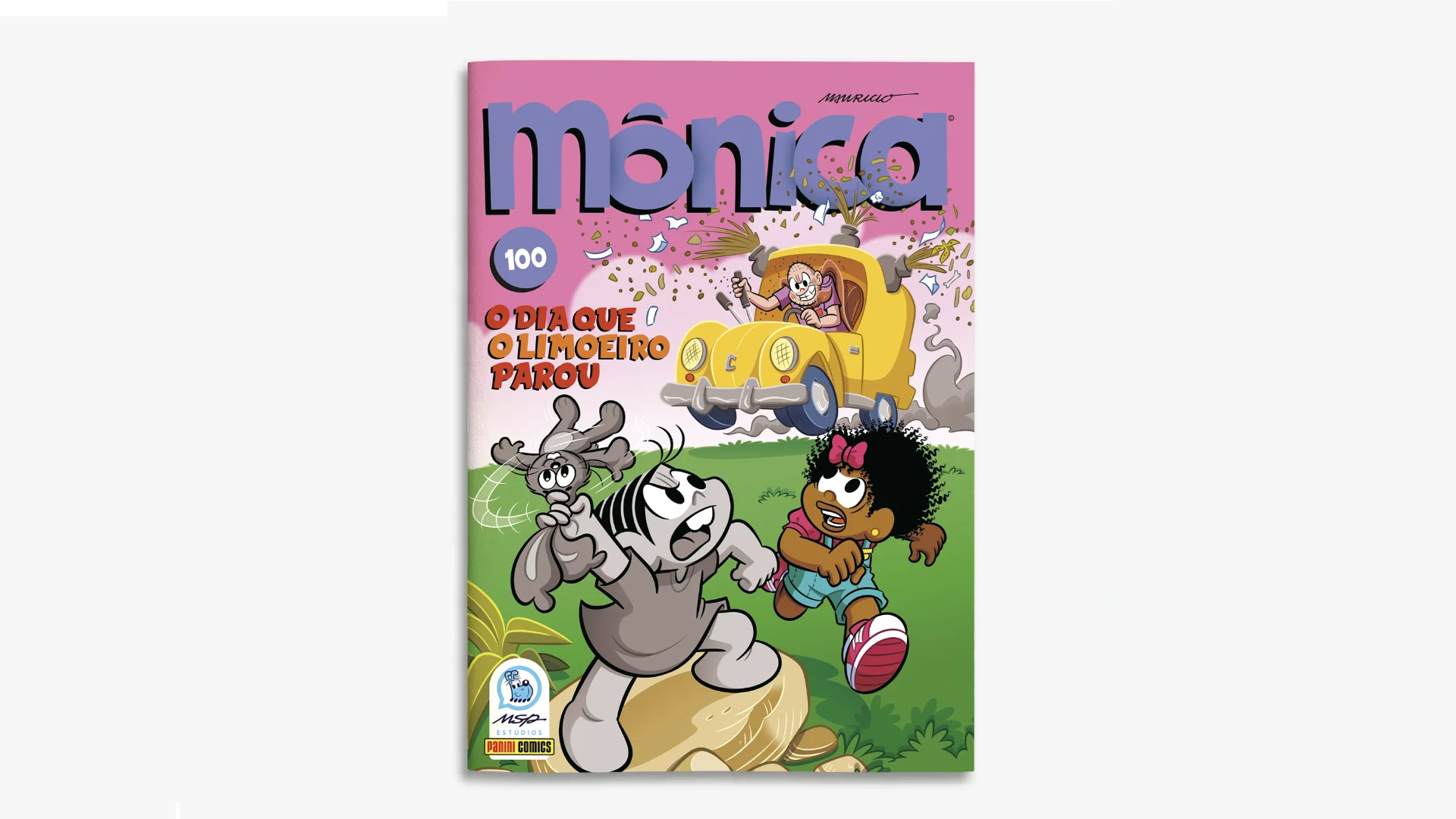 Capa da revista em quadrinhos "Mônica" número 100, com o título "O dia que o Limoeiro parou". A personagem Mônica aparece em tons de cinza, enquanto o restante do cenário é colorido.