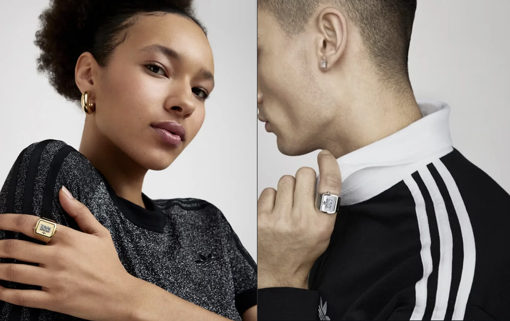 Um díptico de moda mostrando uma mulher e um homem usando anéis de relógio Adidas. À esquerda, uma mulher negra com cabelo preso e brincos dourados usa o anel dourado. À direita, um homem de perfil com um corte de cabelo curto usa o anel prateado.