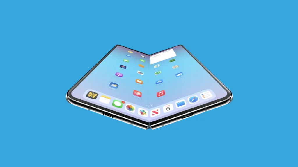 Ilustração de um smartphone dobrável da Apple parcialmente fechado, flutuando contra um fundo azul sólido.