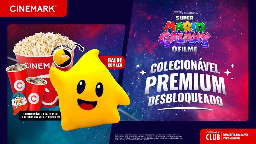 Banner publicitário da Cinemark apresentando o combo "Super Mario Galaxy O Filme". À esquerda, balde de pipoca, dois copos e um Kinder Joy. Ao centro, um balde em formato de estrela amarela (Luma) com a frase "Balde com LED".