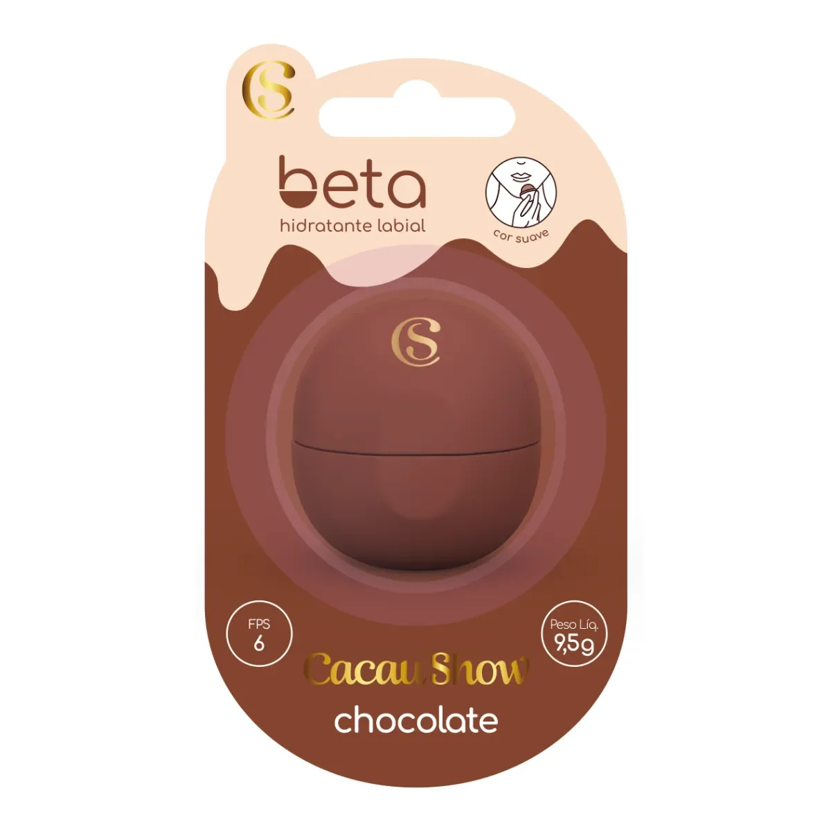 Embalagem tipo blister do hidratante labial beta Cacau Show sabor chocolate, mostrando uma esfera marrom no centro de um cartão com design marrom e creme.