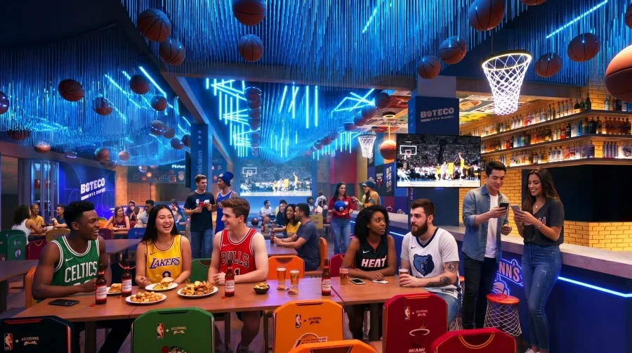 Fotografia promocional do Boteco Hellmann’s NBA, um bar temático com iluminação azul neon, cestas de basquete no teto e pessoas vestindo camisas de times da NBA enquanto comem e socializam.