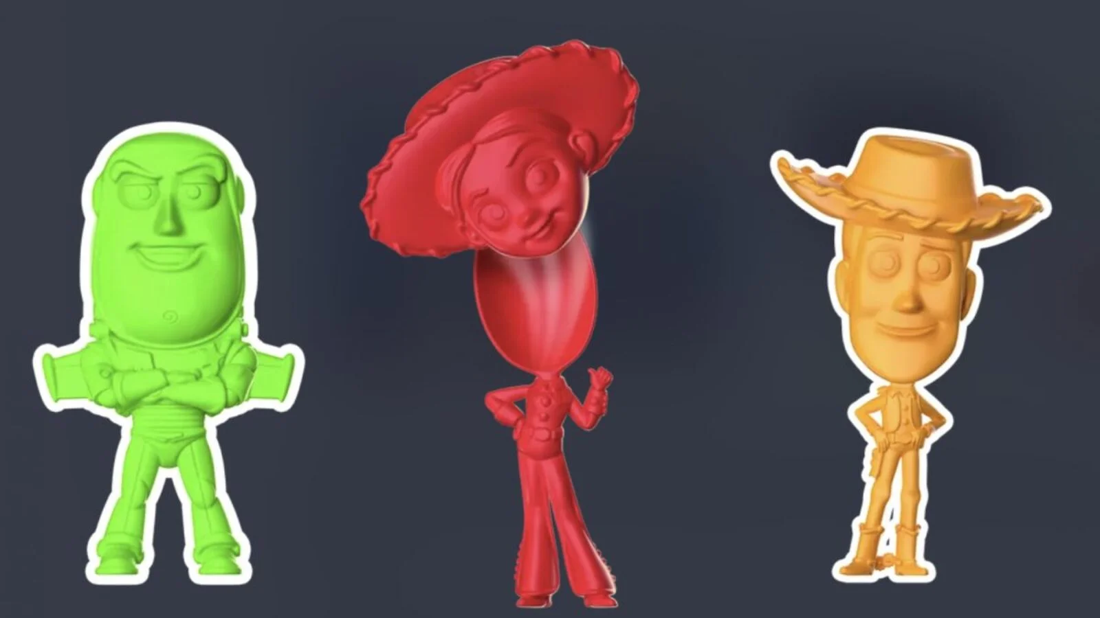 Modelos 3D estilizados de Buzz Lightyear, Jessie e Woody em cores sólidas.