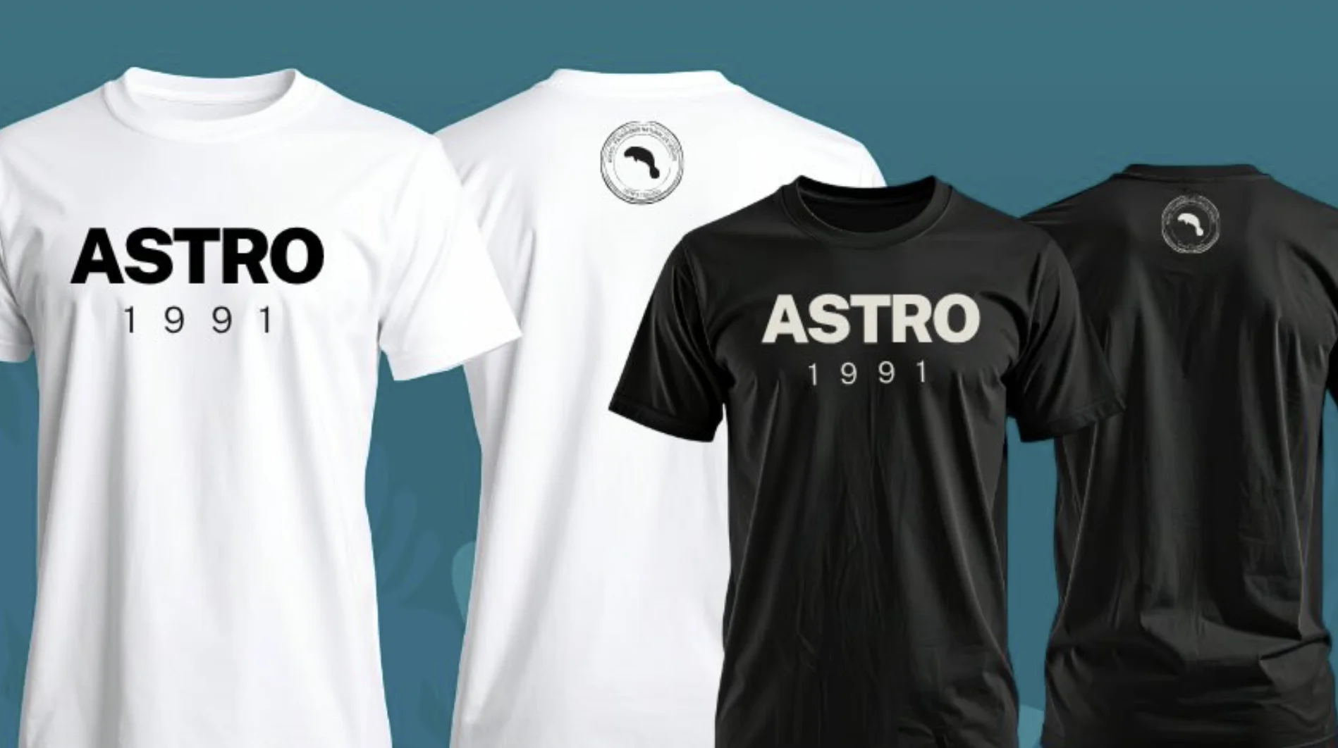 Quatro camisetas básicas, duas brancas e duas pretas, exibindo a estampa 'ASTRO 1991' na frente e um selo circular nas costas.