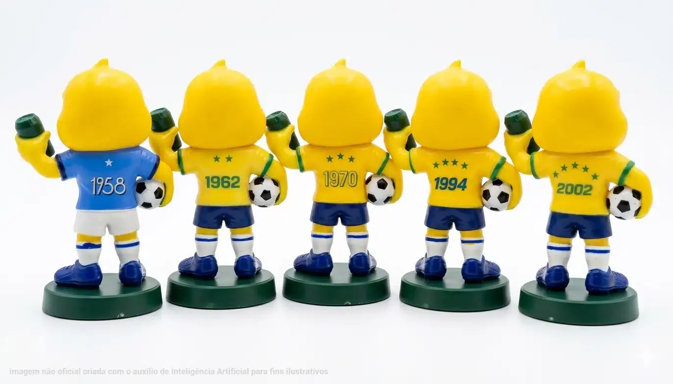 Uma foto de trás mostrando a mesma fileira de cinco bonecos colecionáveis do Canarinho Pistola da imagem anterior. A visão traseira revela os anos da Copa do Mundo impressos em suas camisas: 1958, 1962, 1970, 1994 e 2002. As estrelas dos campeonatos também estão visíveis acima dos anos. Eles estão nas mesmas bases verdes em um fundo branco, com um texto de isenção de responsabilidade da IA na parte inferior.