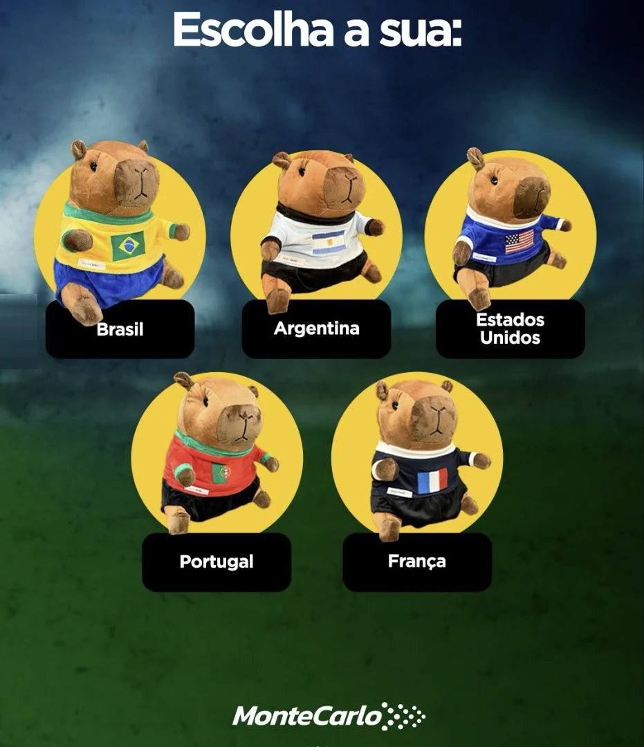 Catálogo de pelúcias de capivaras vestidas com uniformes de seleções de futebol.