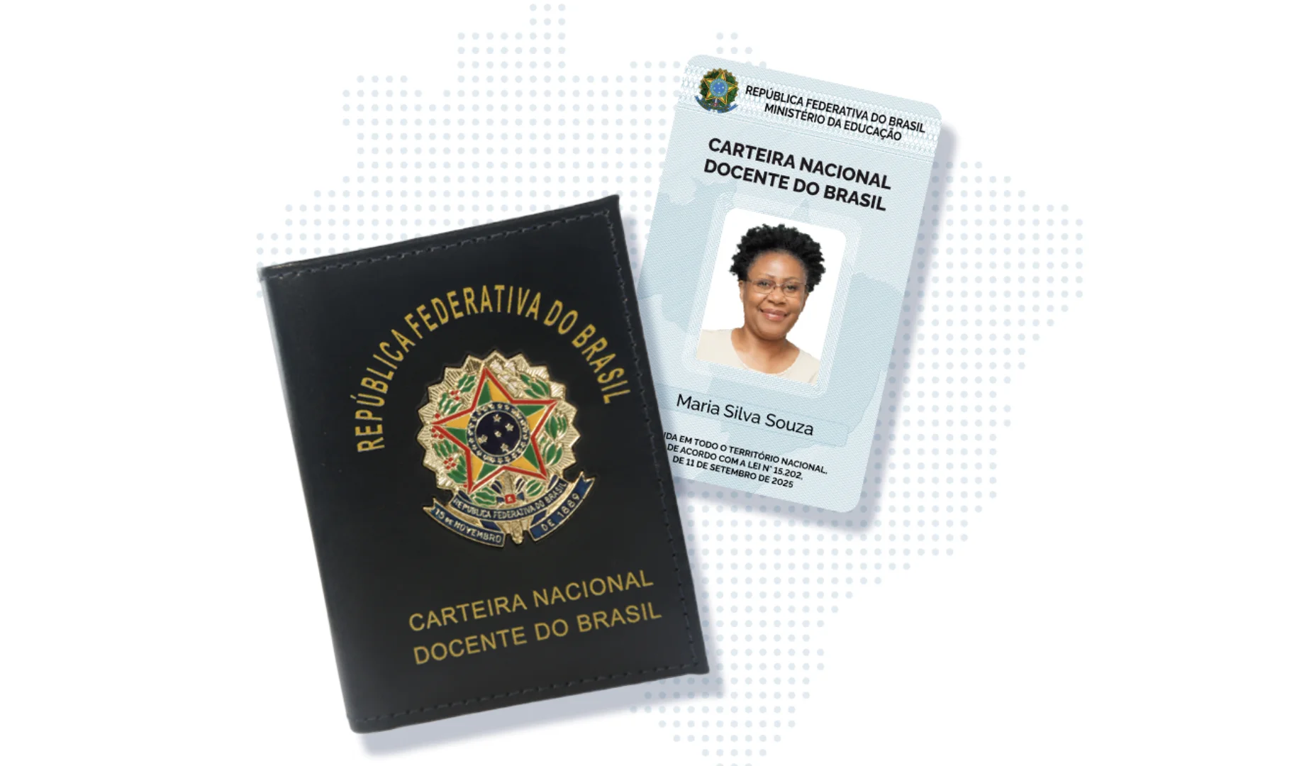 Representação gráfica da Carteira Nacional Docente do Brasil, mostrando um porta-documentos de couro preto e um cartão de identificação.