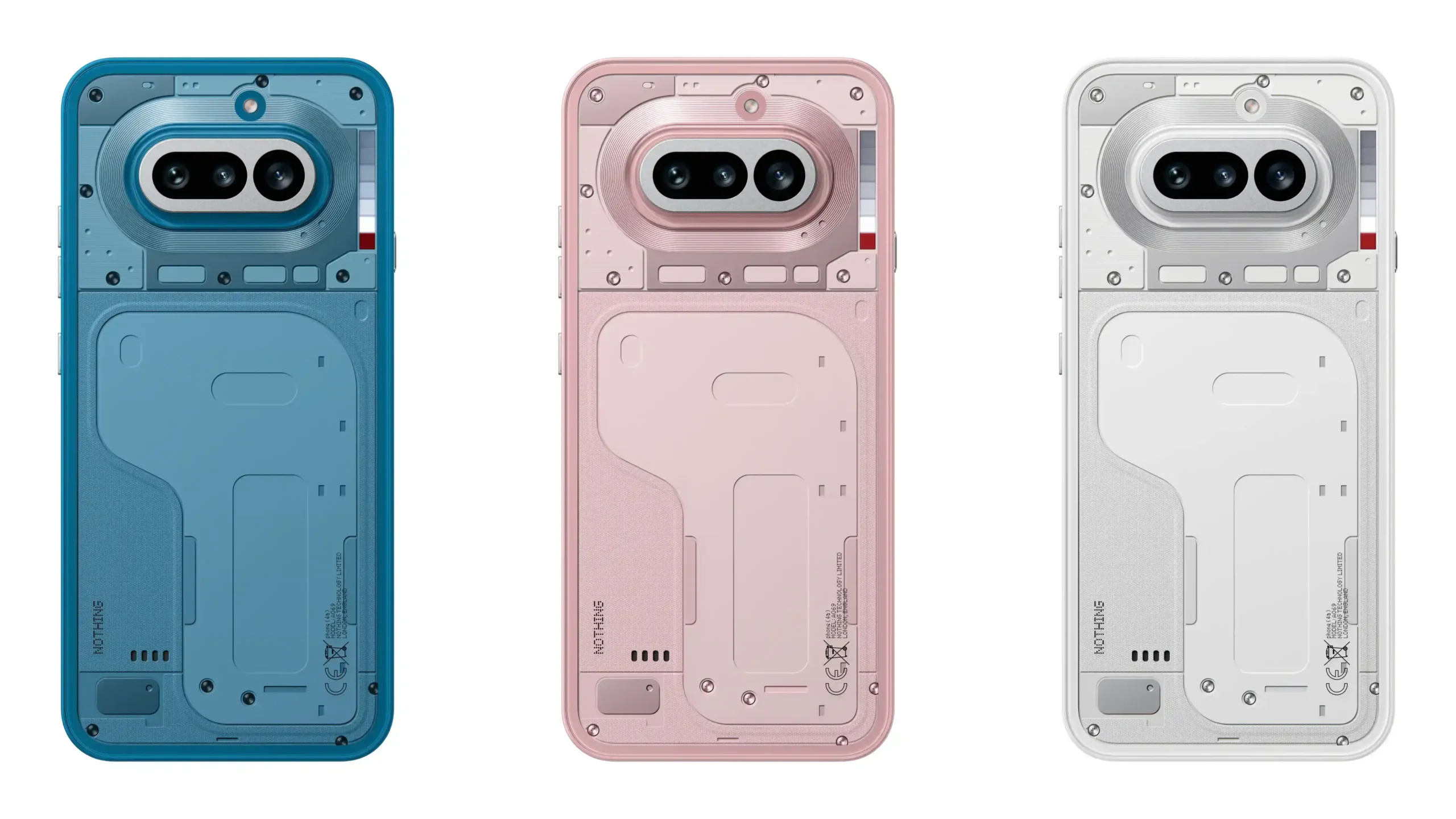 Uma imagem de estúdio mostrando a parte traseira de três smartphones Nothing Phone (2a) lado a lado em um fundo branco, da esquerda para a direita em azul, rosa e branco, exibindo o design transparente e as câmeras traseiras horizontais duplas.