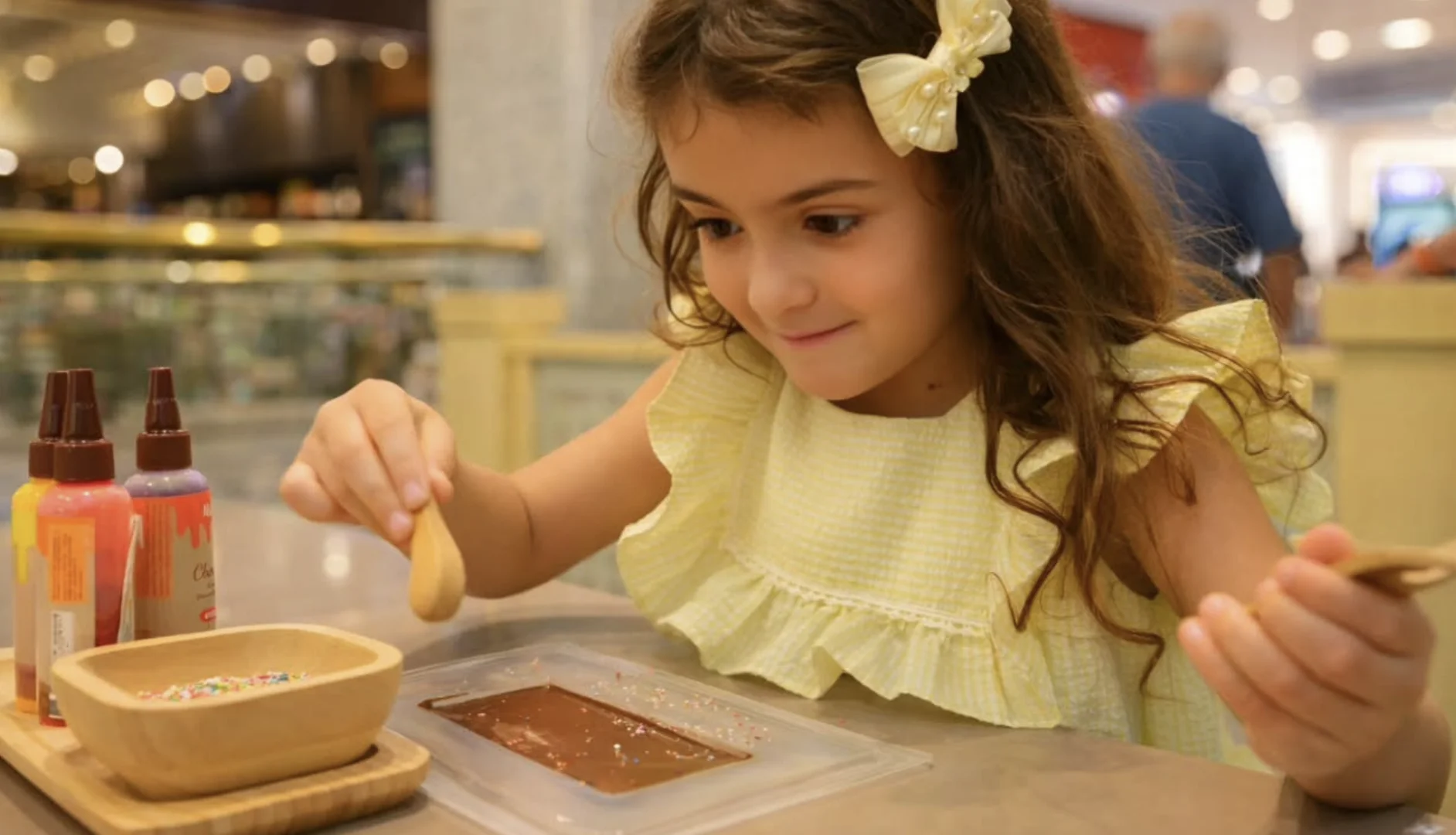 Uma menina com laço no cabelo decora uma barra de chocolate com confeitos coloridos.