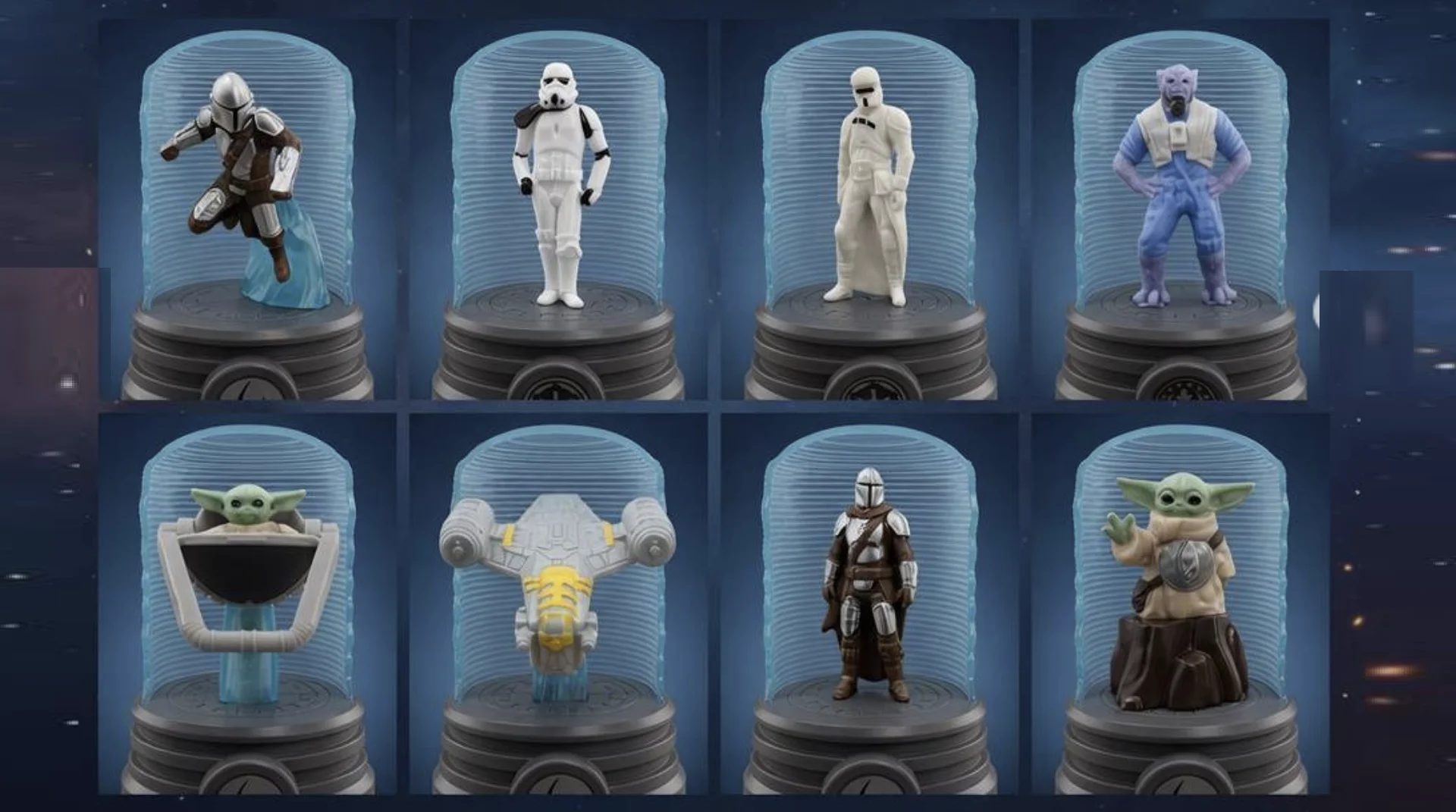 Montagem com oito miniaturas colecionáveis de Star Wars: The Mandalorian e Grogu em bases cinzas com cúpulas azuis transparentes.