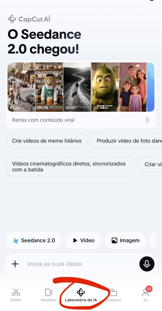 Aqui estão os textos alternativos e descrições curtas para cada uma das suas imagens: Imagem 1: Capcut Ai - O Seedance 2.0 chegou! Texto alternativo: "Captura de tela da interface do aplicativo CapCut com o título 'O Seedance 2.0 chegou!' e várias opções de criação de vídeo.