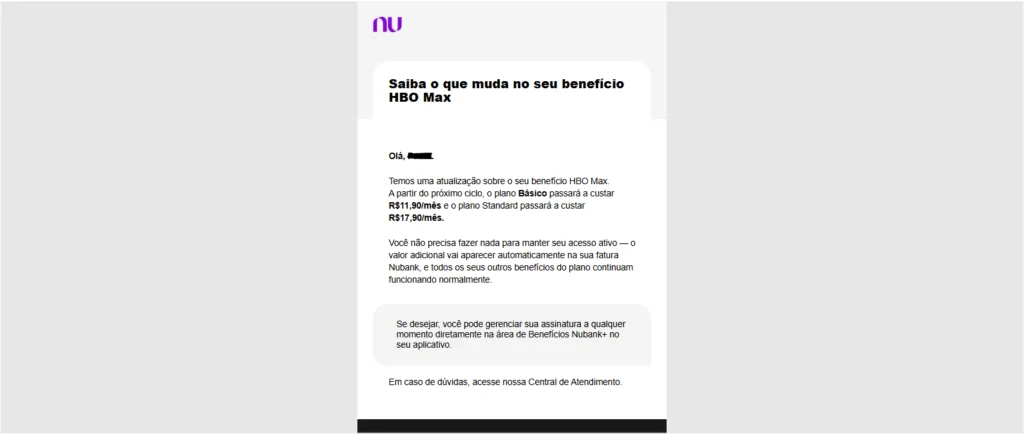 rint de um e-mail oficial do Nubank sobre mudanças no benefício HBO Max.