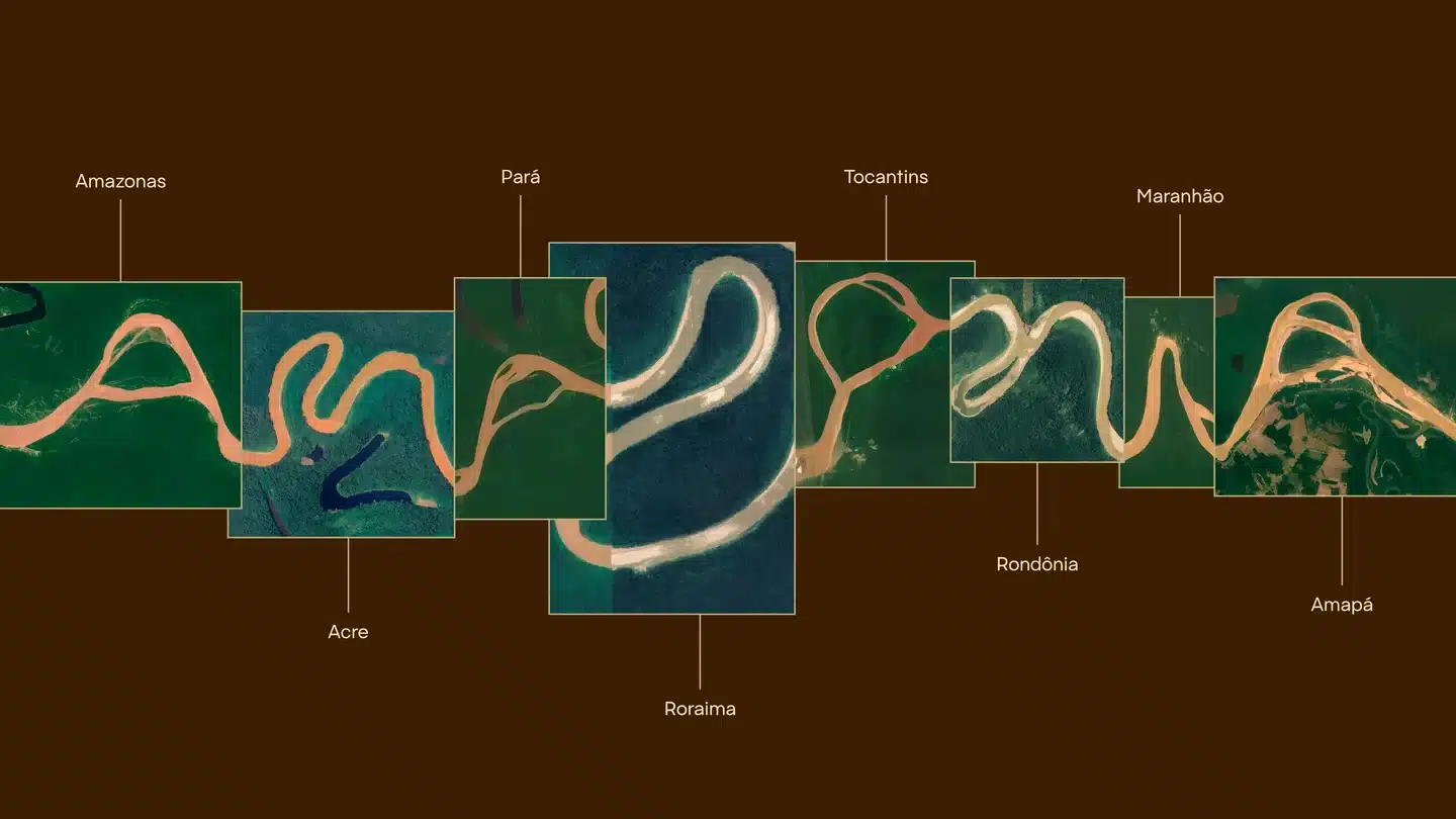 Um mosaico de imagens de satélite do rio Amazonas formando a palavra "Amazonia", com rótulos para diferentes estados brasileiros.