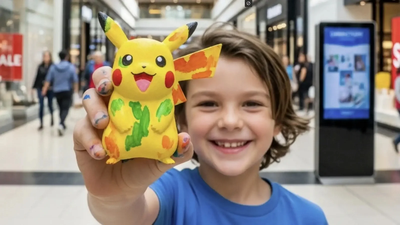 Menino sorridente de camiseta azul em um shopping, segurando um pequeno boneco do Pikachu customizado com manchas de tinta verde e laranja.