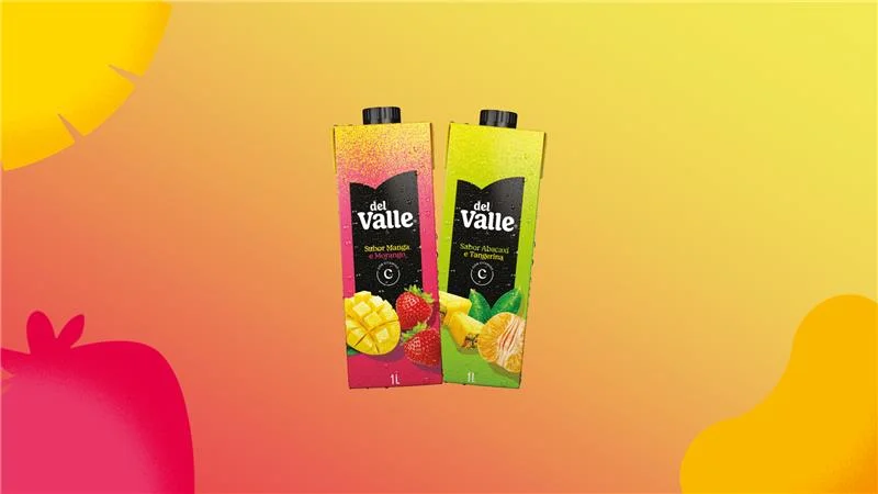 Duas embalagens de 1 litro de suco Del Valle nos sabores Manga e Morango (caixa rosa) e Abacaxi e Tangerina (caixa verde) centralizadas em um fundo vibrante.