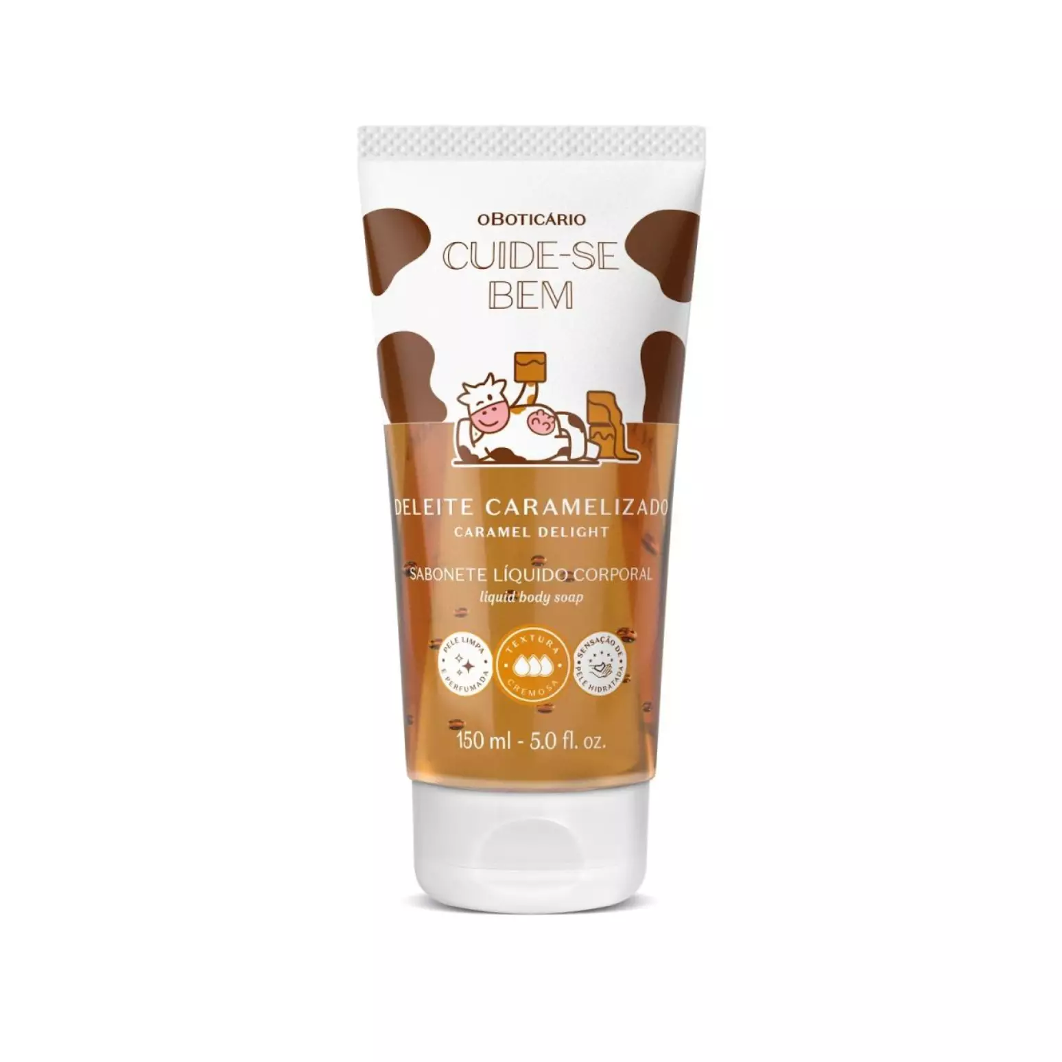 Bisnaga branca e transparente de sabonete líquido corporal O Boticário Cuide-se Bem Deleite Caramelizado 150ml, com rótulo contendo manchas de vaca marrons e uma ilustração de uma vaca fofa.
