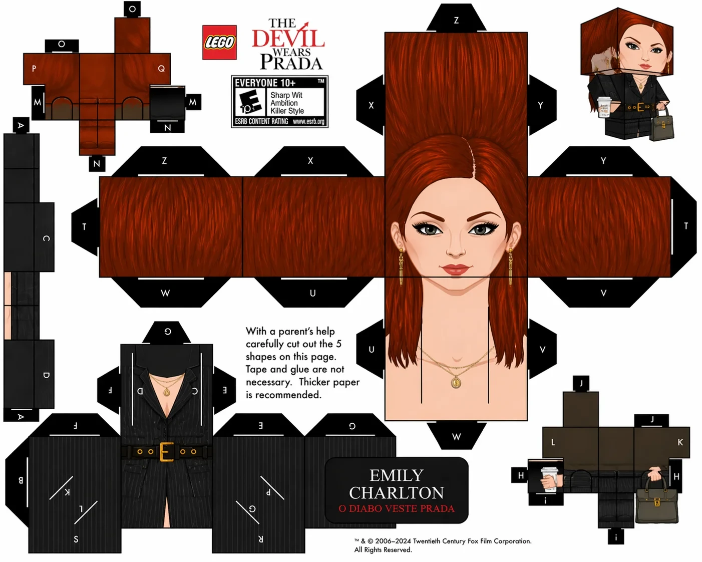 Planilha de papelcraft desdobrada para o personagem Emily Charlton do Lego The Devil Wears Prada.