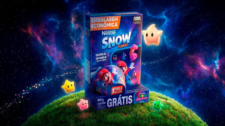Uma caixa de cereal Nestlé Snow Flakes com arte do Super Mario, em um pequeno planeta verde no espaço sideral.