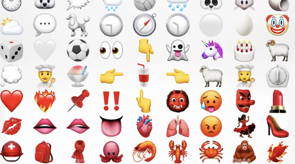 Uma grade densa de diversos emojis coloridos em um fundo branco, incluindo ícones de animais, alimentos, objetos, símbolos e expressões.
