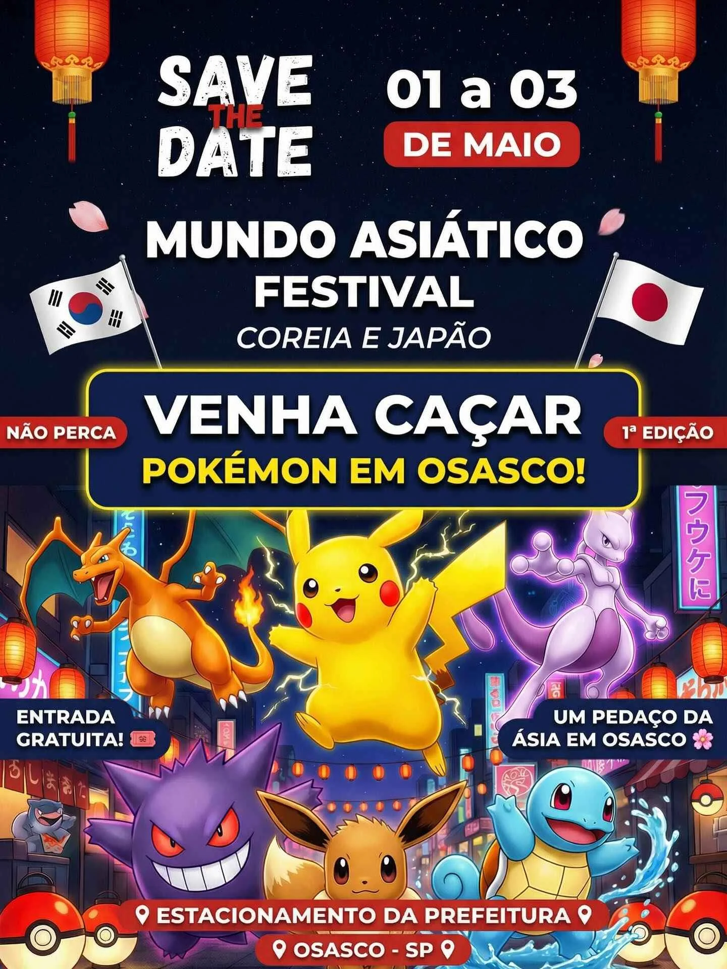 Pôster promocional do "Mundo Asiático Festival: Coreia e Japão" em Osasco, com ilustrações de vários Pokémon como Pikachu, Charizard, Mewtwo e Gengar, e as datas de 01 a 03 de maio.