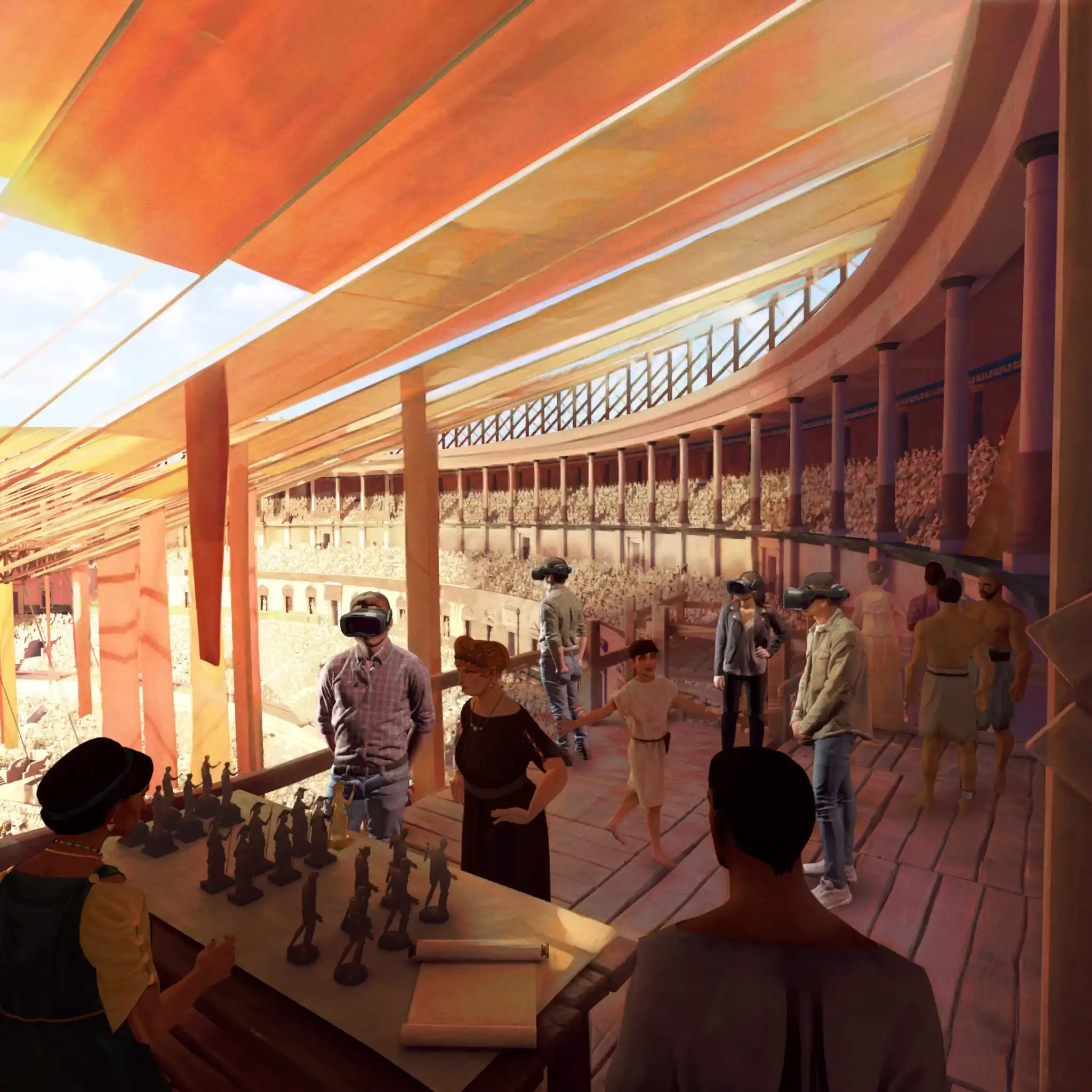 Uma ilustração de uma arena romana com várias pessoas vestindo roupas romanas antigas e óculos de realidade virtual, e uma mesa com várias figuras de ação.