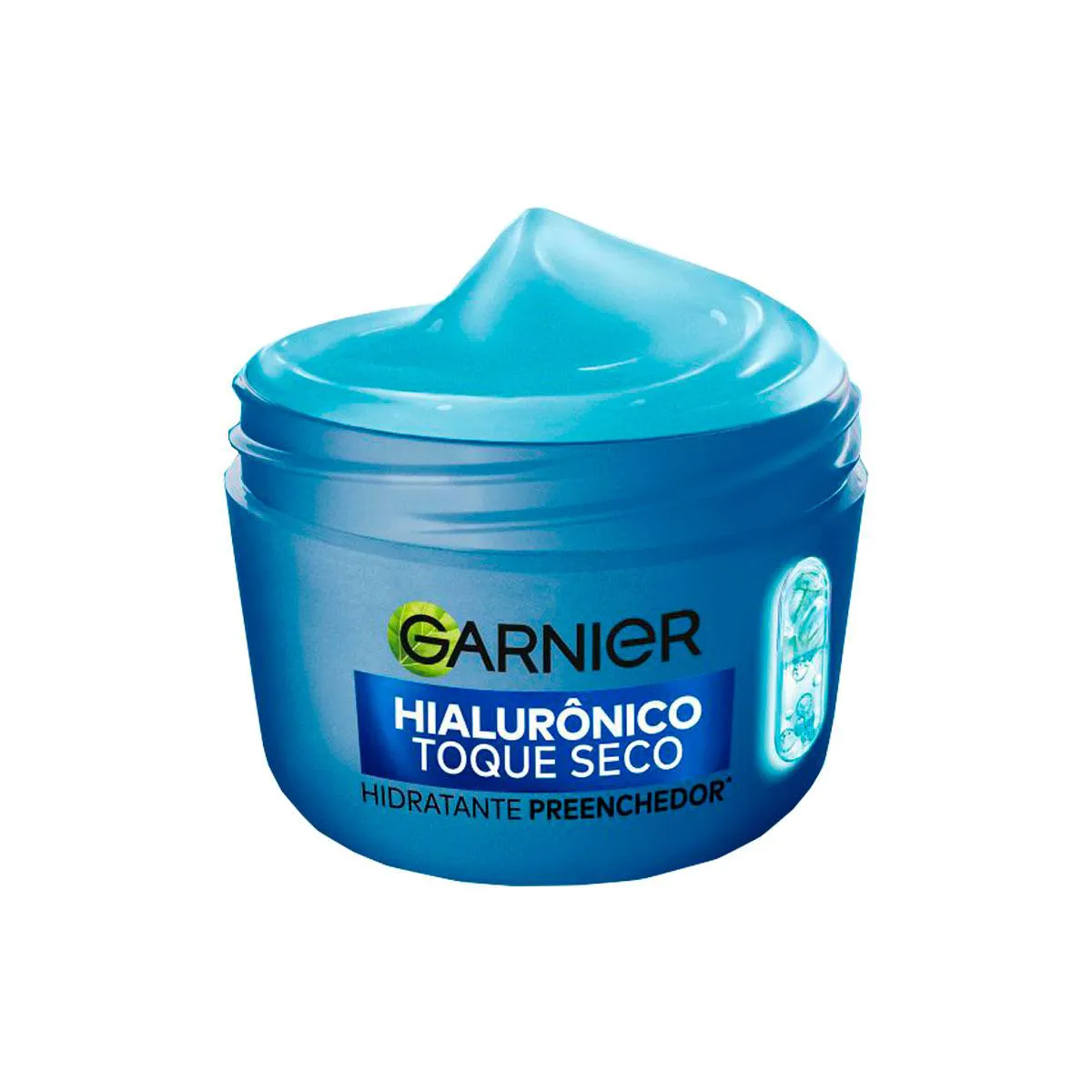 Pote azul aberto do hidratante Garnier Hialurônico Toque Seco, destacando o creme gel azulado em seu interior.
