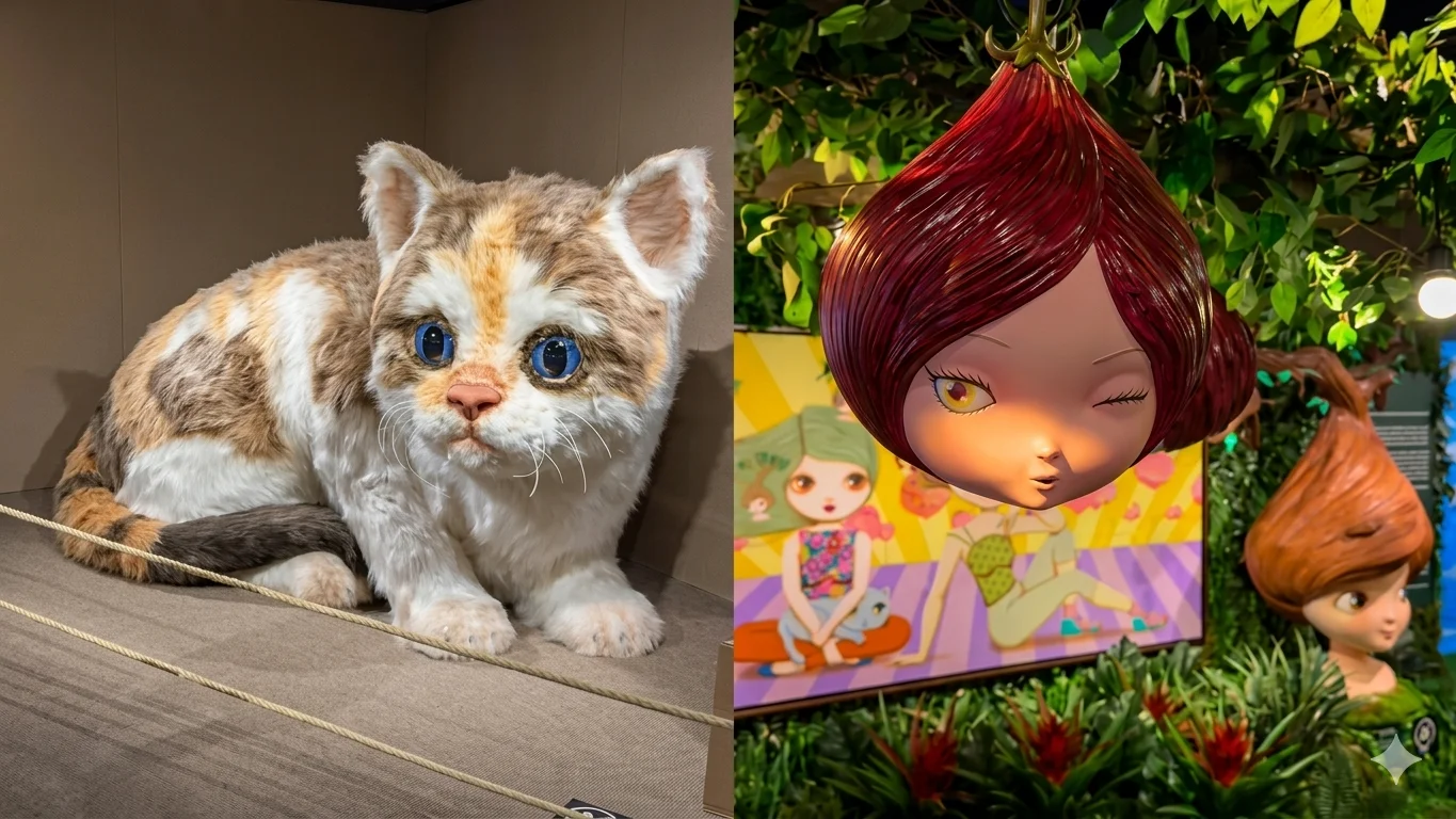 Uma colagem de duas fotos. A foto da esquerda mostra uma escultura de um gato fofo e peludo em uma caixa de exibição. A foto da direita exibe cabeças de personagens caprichosos com cabelos estilizados, suspensas em meio a folhagem e painéis coloridos.
