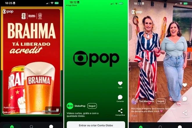 Capturas de tela da interface do aplicativo Globopop no celular.