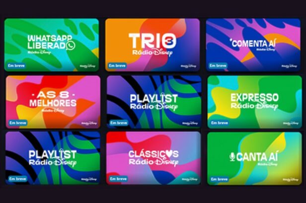 Mosaico de nove cards coloridos da Rádio Disney Brasil, apresentando diferentes quadros e playlists como "WhatsApp Liberado", "As 8 Melhores" e "Canta Aí".
