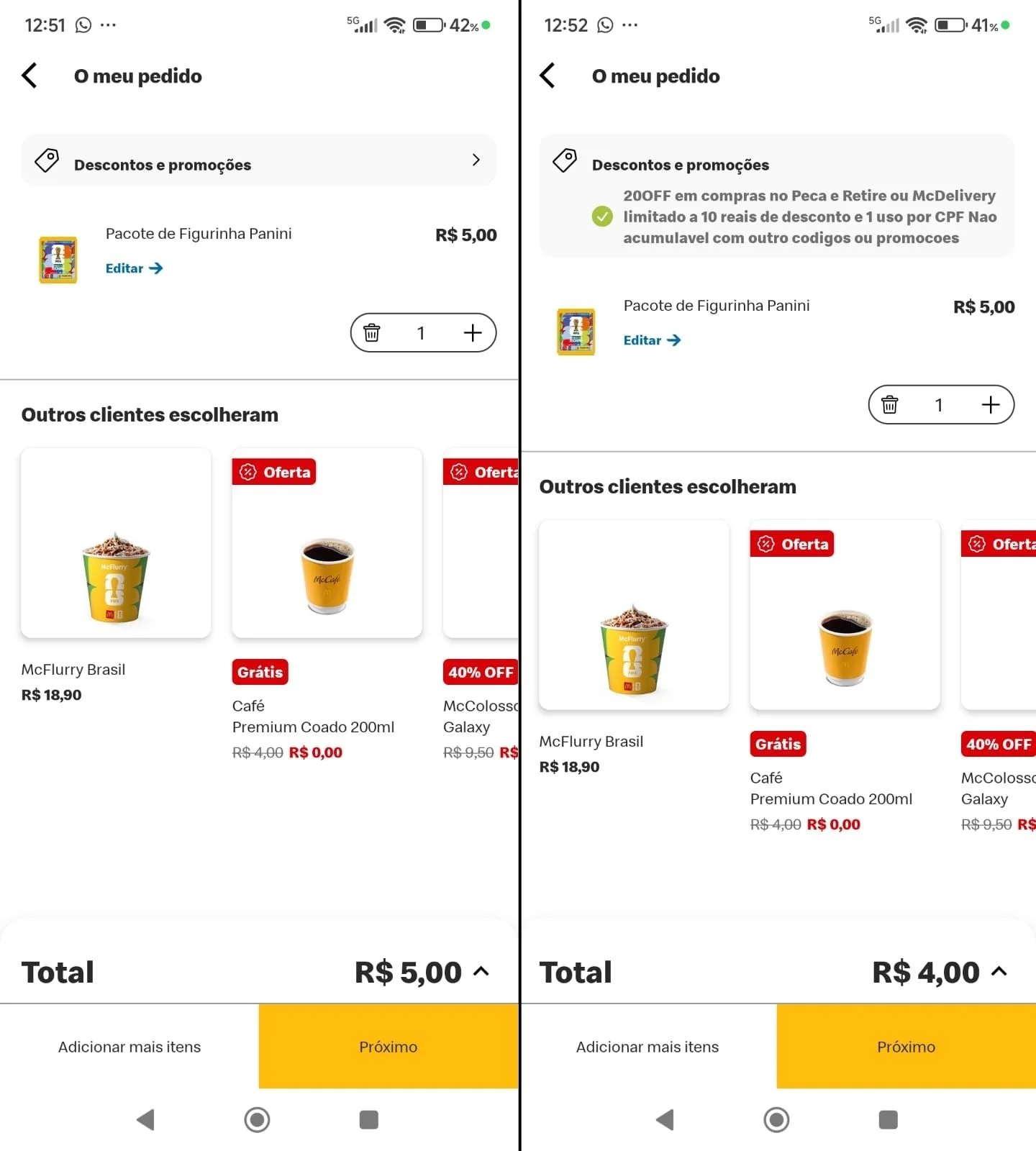 Duas capturas de tela do aplicativo do McDonald's mostrando o carrinho de compras. À esquerda, o valor de um pacote de figurinhas é R$ 5,00. À direita, após um cupom de desconto, o total cai para R$ 4,00.