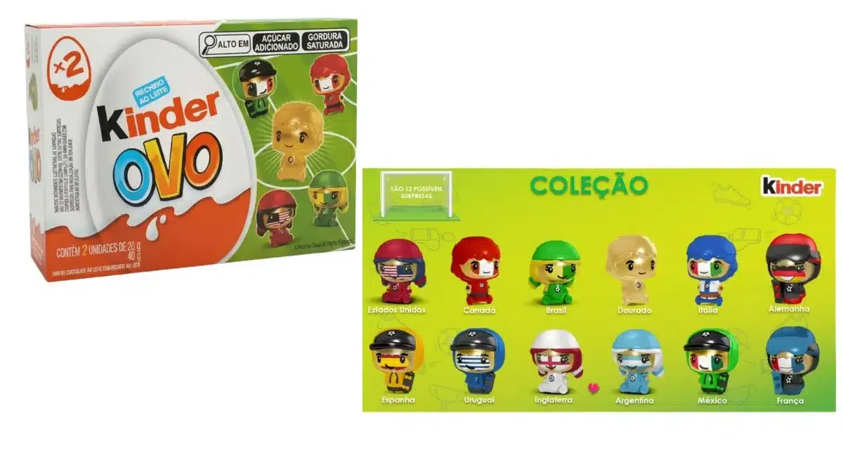 Banner promocional do Kinder Ovo Copa do Mundo exibindo a coleção completa de 12 bonecos.