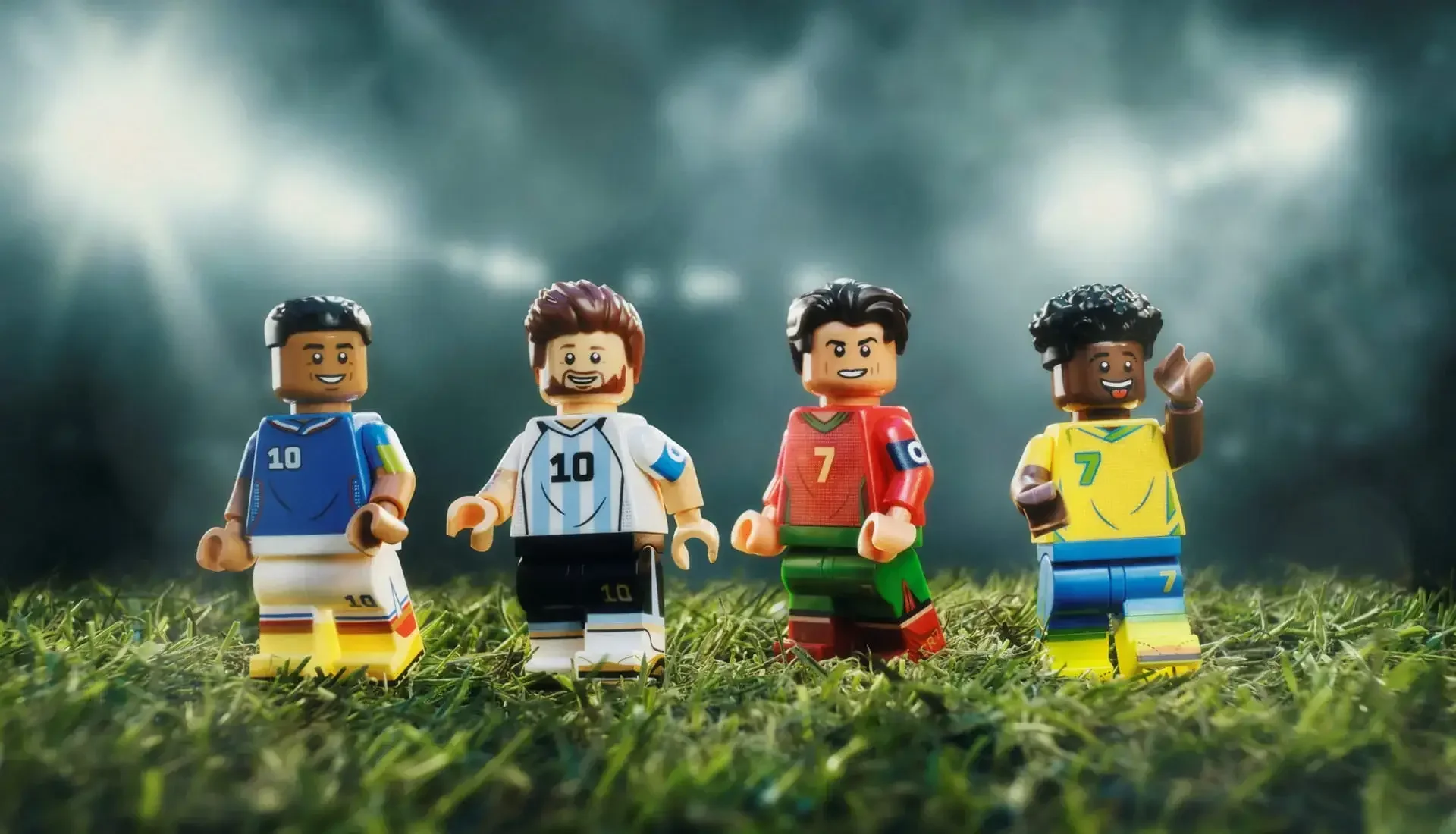 Quatro minifiguras LEGO estilizadas representando jogadores de futebol de diferentes nações (Brasil, Argentina, Portugal e uma minifigura genérica com a camisa 10), de pé em linha sobre um campo de grama verde.