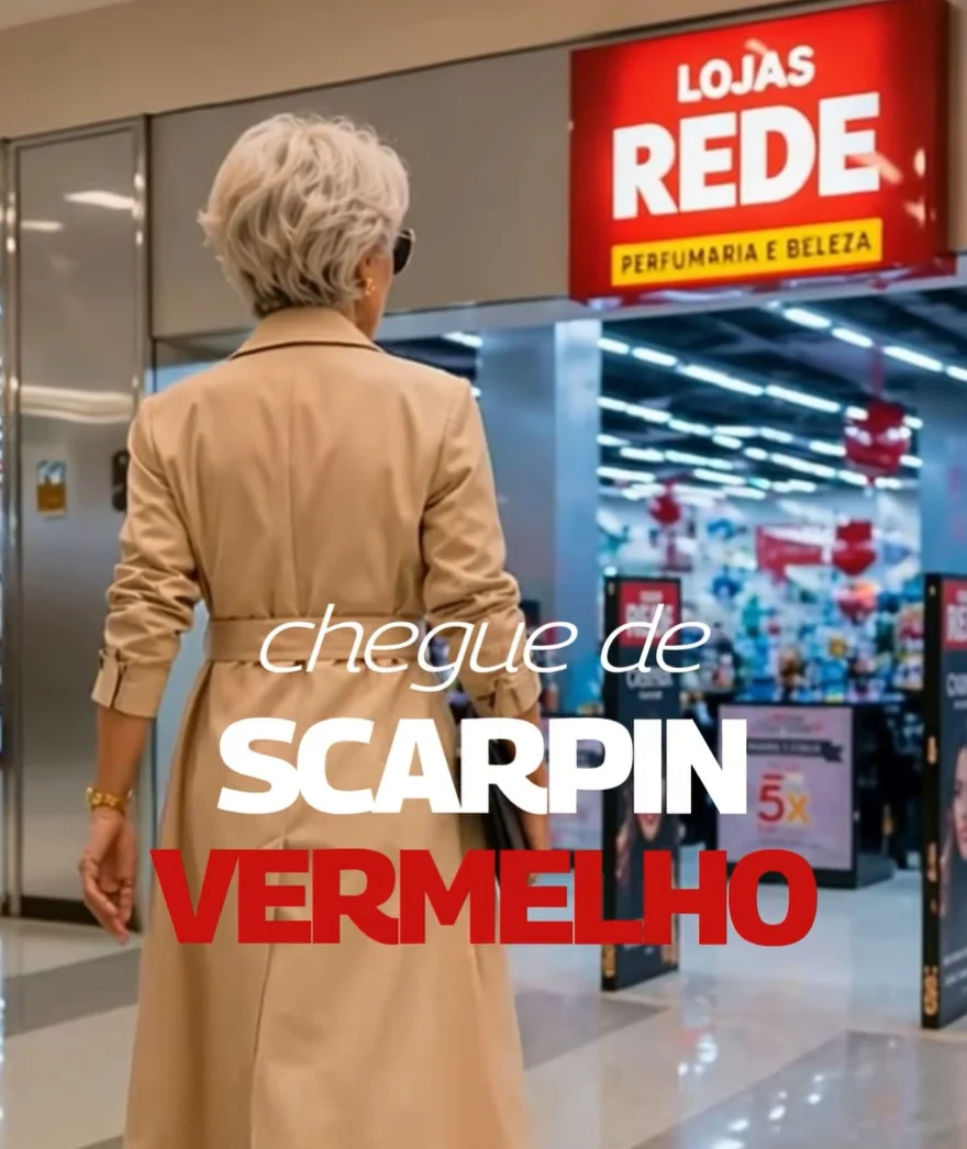 Uma mulher de costas, com cabelos curtos e grisalhos, usando um sobretudo bege, caminha em direção à entrada de uma unidade da Lojas REDE. Sobre a imagem, o texto em destaque diz: "cheque de SCARPIN VERMELHO".