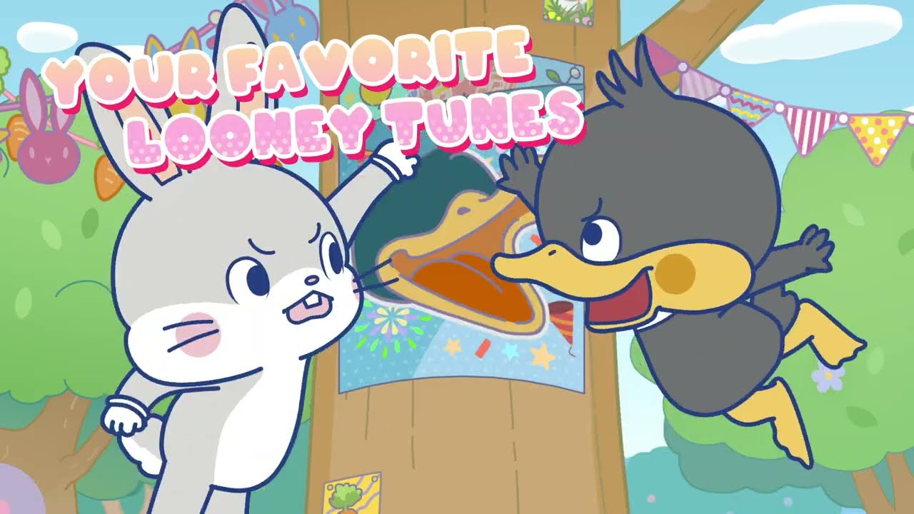 Ilustração colorida em estilo cartoon infantil com o Pernalonga e o Patolino bebês. O Pernalonga está à esquerda, com uma expressão séria, apontando para um cartaz em uma árvore. O Patolino está à direita, voando e gritando com uma expressão brava. O texto acima diz "Your Favorite Looney Tunes".