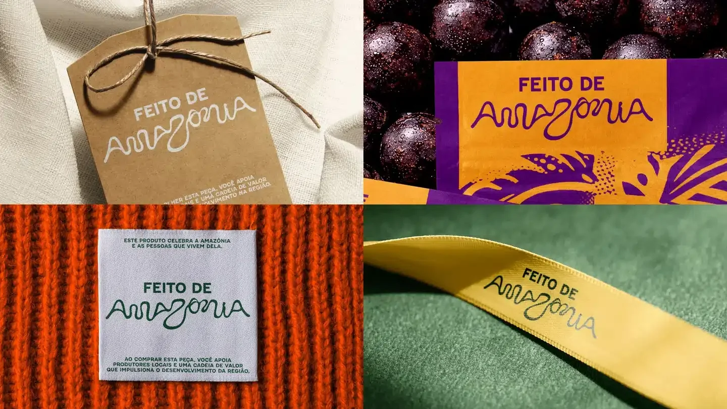 Uma colagem de quatro fotos mostrando o logotipo "Amazonia" aplicado a diferentes materiais de embalagem: papel, plástico, tecido e fita.