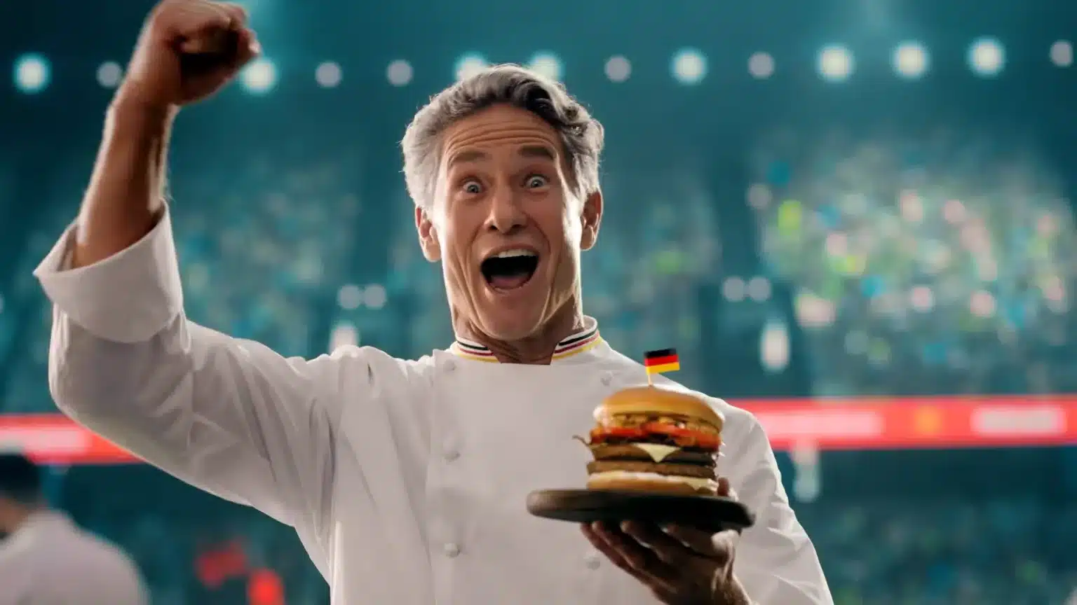 Um chef de cozinha grisalho comemorando com entusiasmo em um estádio, segurando o sanduíche temático da Alemanha.