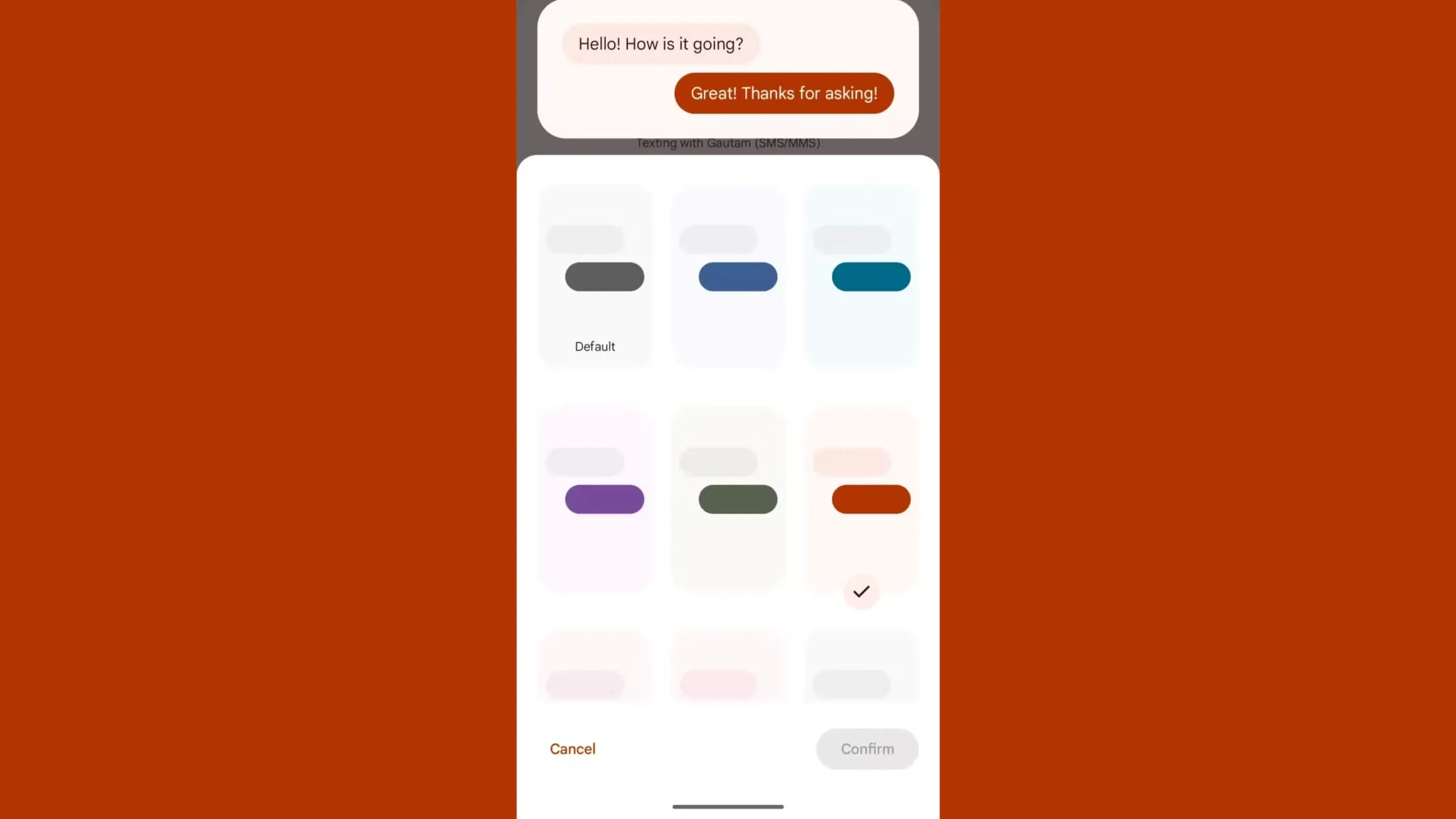 Captura de tela do Android mostrando o menu de seleção de cores para bolhas de chat no Google Mensagens.