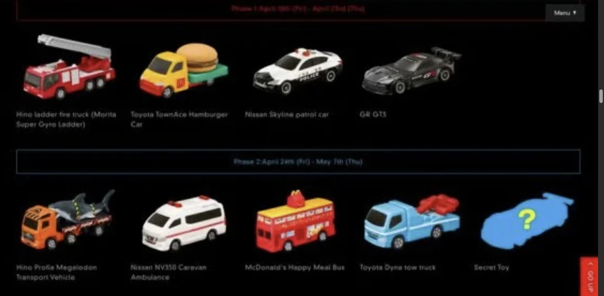 Infográfico de uma promoção do McDonald's Japão mostrando nove miniaturas de veículos da linha Tomica. Os modelos estão divididos em "Fase 1" e "Fase 2", incluindo veículos de serviço como caminhão de bombeiros, ambulância, viatura de polícia e carros temáticos do McDonald’s, além de um "Brinquedo Secreto" representado por uma silhueta azul com um ponto de interrogação.