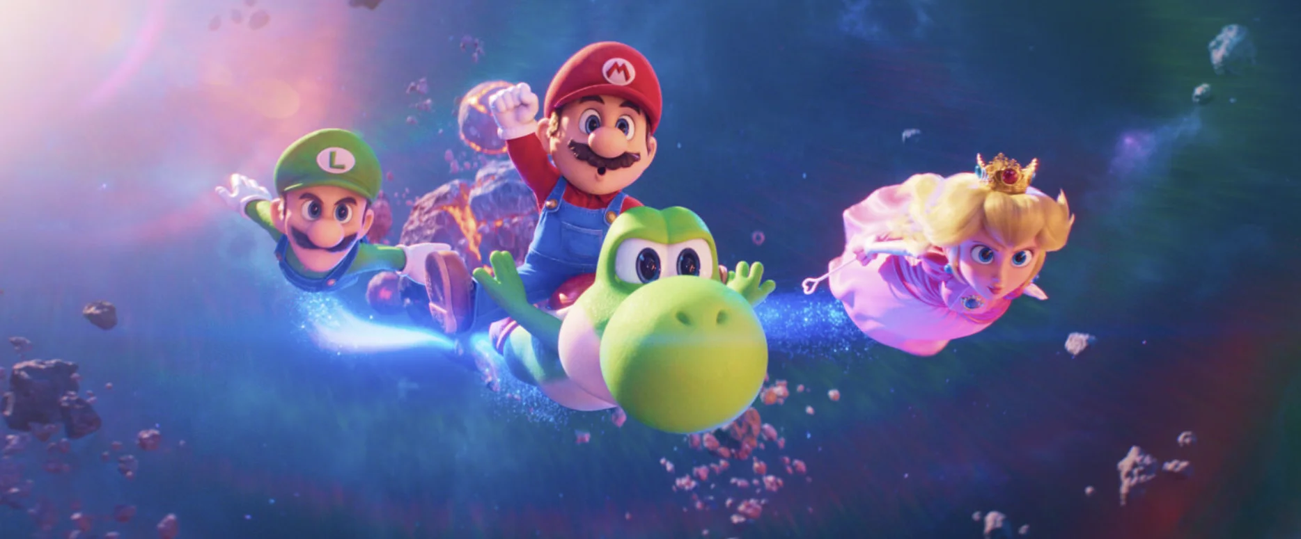 Arte promocional em alta definição de Mario, Luigi, Princesa Peach e Yoshi voando pelo espaço.