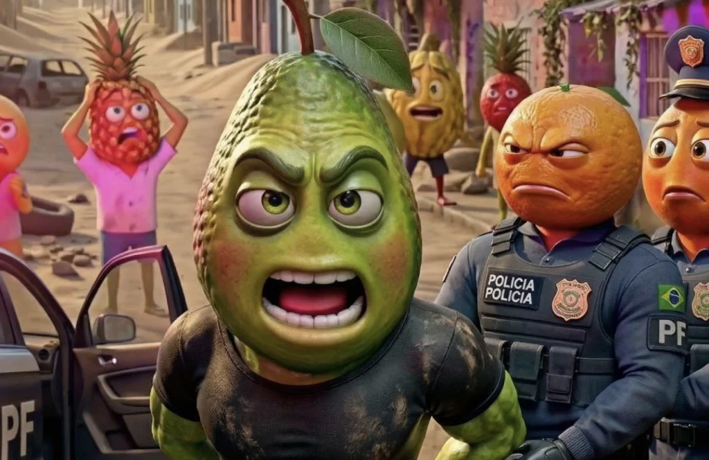 Um grupo de personagens de frutas enfrentando desafios em uma rua estreita de uma favela.