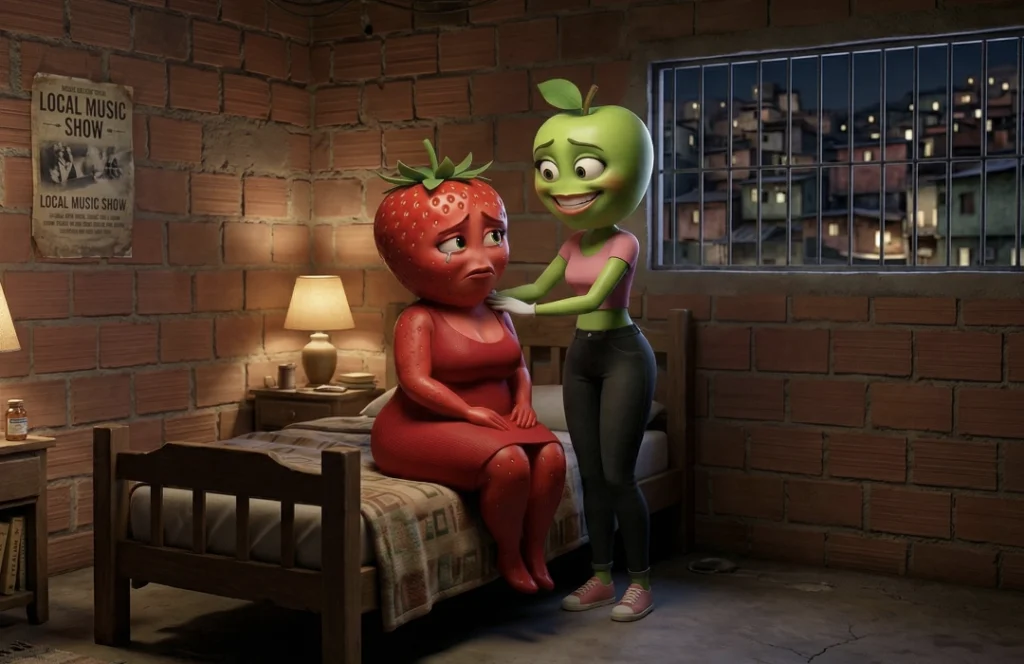 Uma personagem de maçã verde consolando uma personagem de morango chorosa em um quarto humilde.
