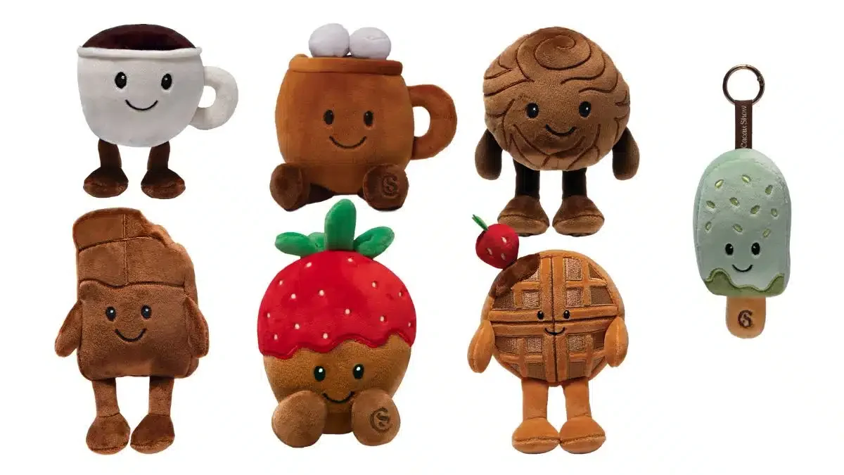 Montagem exibindo sete diferentes pelúcias da coleção Chocomigos sobre um fundo branco.