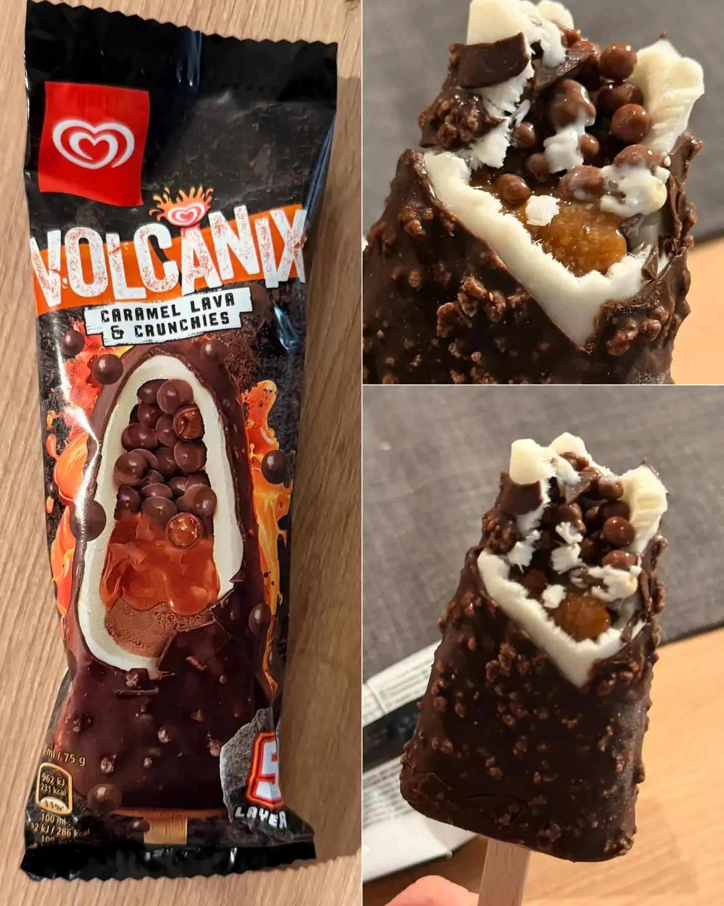 Colagem de três fotos: à esquerda a embalagem do Volcanix e à direita duas fotos do picolé real mordido, mostrando o recheio interno.