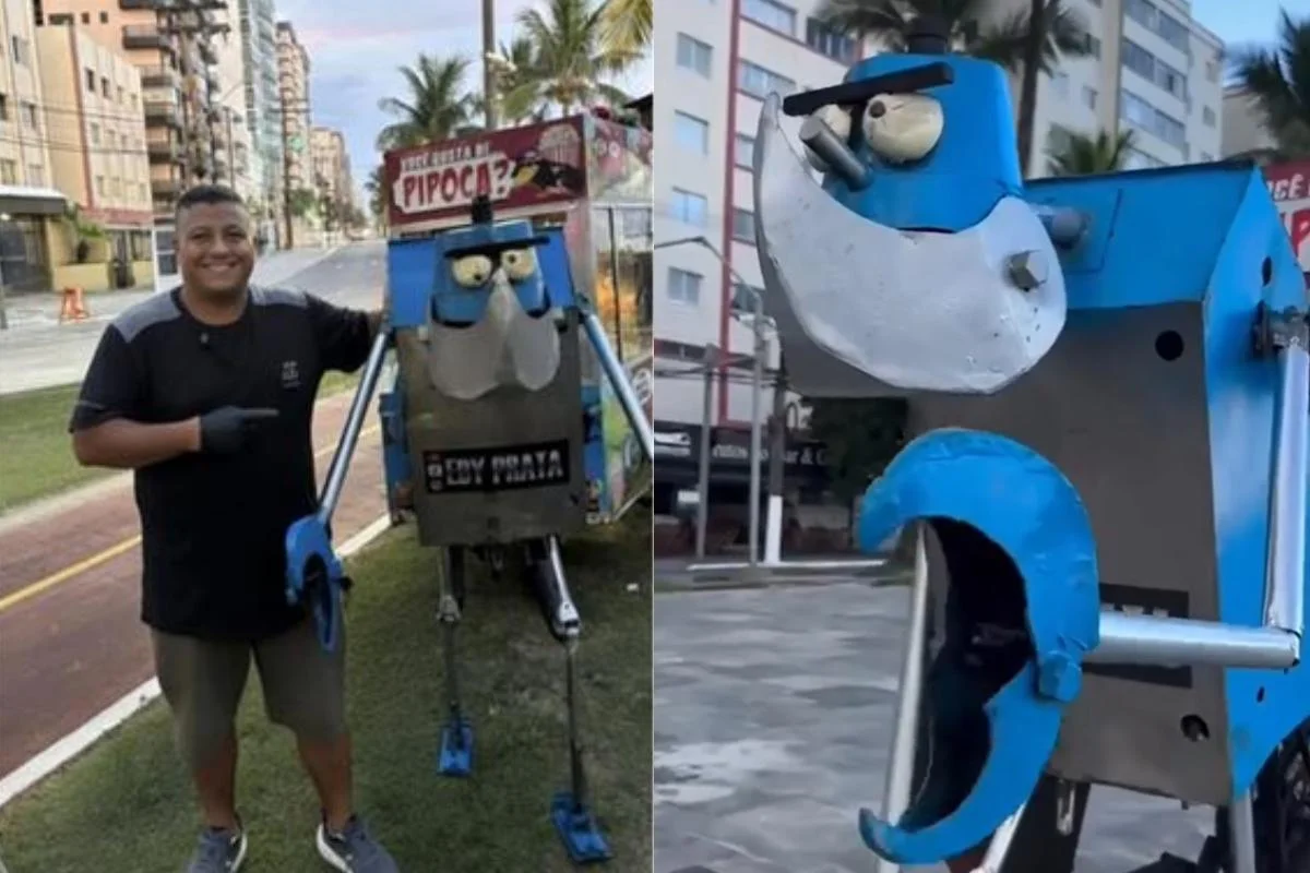 Montagem com duas fotos: à esquerda, um homem sorridente aponta para o robô azul; à direita, um close frontal do rosto do robô com expressão brava.