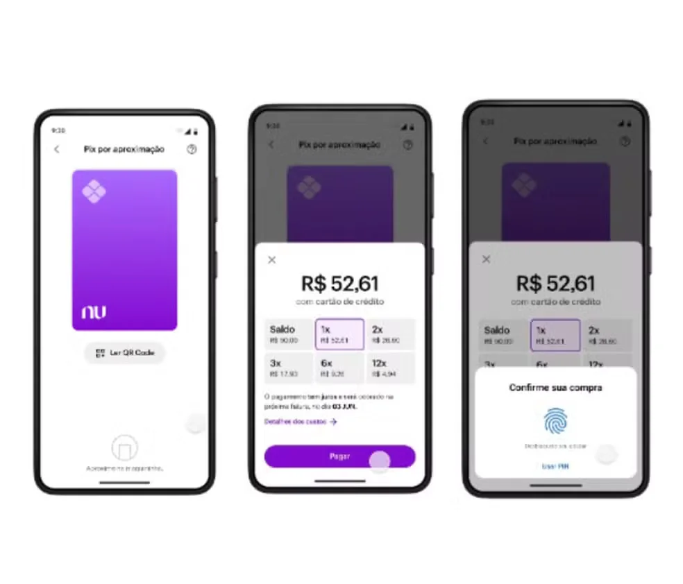 Sequência de três telas do aplicativo Nubank demonstrando o processo de pagamento via Pix por aproximação.
