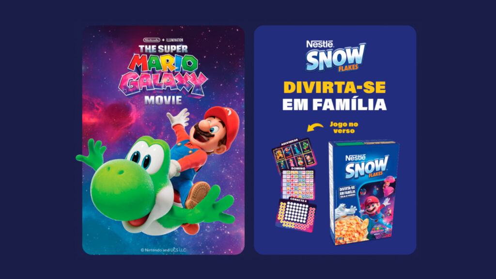 Dois cartões promocionais lado a lado. O da esquerda tem o cartaz do filme "Super Mario Galaxy", e o da direita tem o logotipo da Nestlé Snow Flakes e a frase "DIVIRTA-SE EM FAMÍLIA".